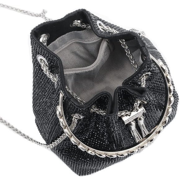 Women Silver Rhinestone Luxury Diamond Shining Chain Crossbody Bucket Bling Bag - Picture 4 of 5